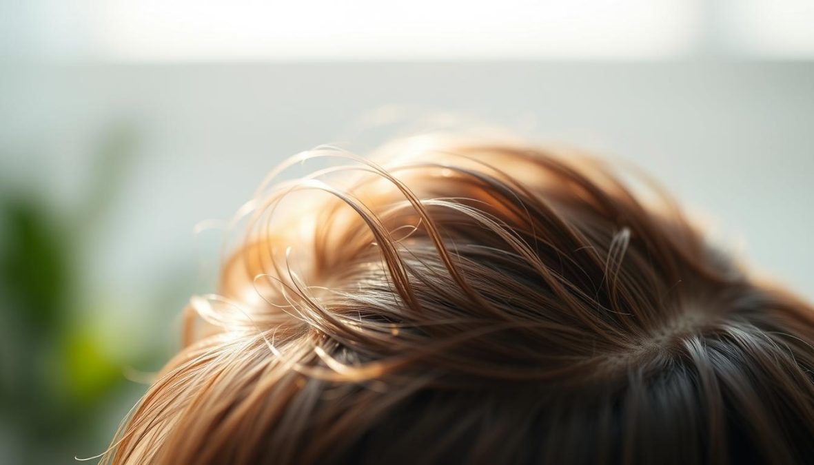 A serene, close-up shot of a healthy human scalp in 2025, captured with a high-resolution Sony A7R IV camera equipped with a 70mm lens and polarizer filter. The image showcases vibrant, thick hair strands emerging from the scalp, which appears moisturized, supple, and free of irritation or flakiness. The lighting is natural yet directional, creating depth and texture, while the hyper-candid approach captures the scalp's intricate details in sharp focus and clarity. The overall mood is one of balance, vitality, and the future of hair and scalp care.