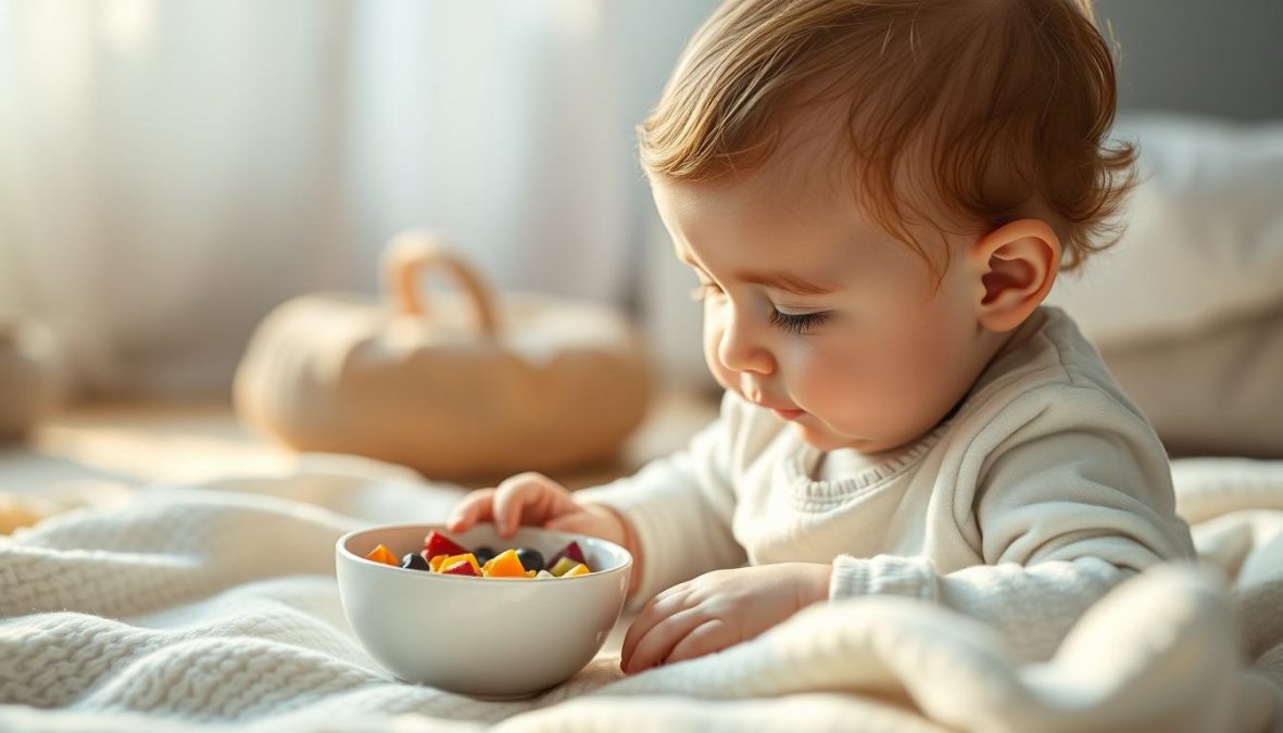A serene, natural-lit scene of a baby sitting on a soft blanket, intently focused on a small bowl of colorful, freshly prepared Beikost. The baby's expression is one of curiosity and delight, as they tentatively reach out to explore the new textures and flavors. The scene is captured with a shallow depth of field, drawing the viewer's eye to the baby's captivated gaze. Warm, golden tones bathe the image, creating a cozy, inviting atmosphere. The setup is simple yet carefully composed, with the baby's surrounding environment softly blurred, emphasizing the importance of this milestone moment. Shot on a Sony A7R IV with a 70mm lens, polarizer filter, and hyper-candid approach to preserve the authenticity of the scene.