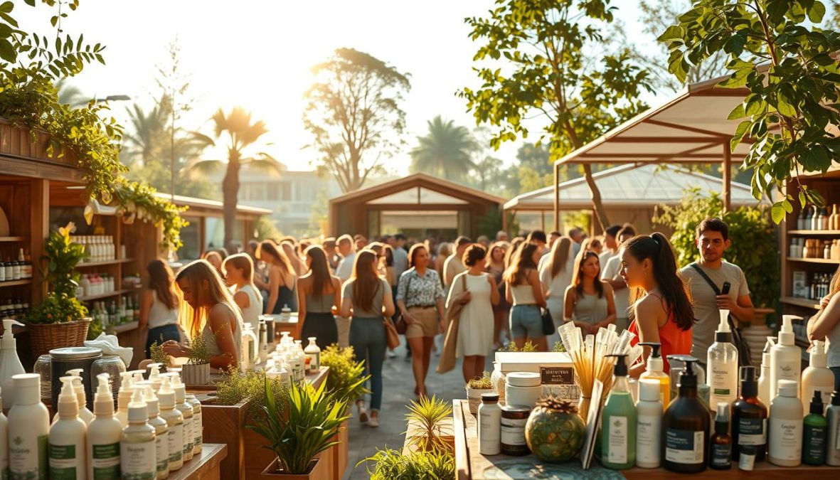 A serene panoramic view of a vibrant natural cosmetics market in the year 2025. In the foreground, artisanal displays showcase an array of organic skincare products, their labels highlighting eco-friendly ingredients. The middle ground is filled with a diverse crowd of conscious consumers browsing the stalls, their faces radiating a sense of wellness. In the background, lush greenery and modern, sustainably-designed pavilions create a soothing, nature-inspired atmosphere. Warm, golden sunlight filters through, casting a soft, inviting glow over the entire scene. Shot on a Sony A7R IV with a 70mm lens, the image is crisp, clear, and captures the renaissance of natural cosmetics in all its authentic, holistic glory.