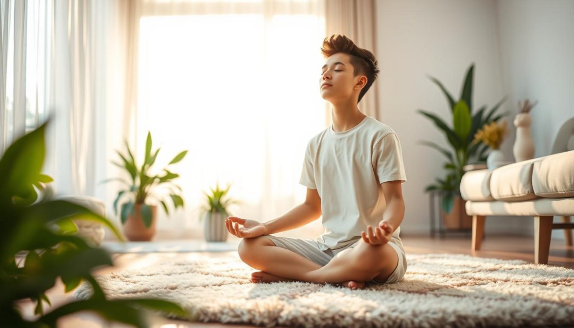 A serene, sunlit room reflecting the essence of self-care in 2025. A young person sits cross-legged on a plush, minimalist rug, eyes closed in meditative focus. Lush, verdant plants adorn the space, evoking a sense of rejuvenation. Warm, indirect lighting filters through sheer curtains, casting a soft, diffused glow. Sleek, modern furniture and clean lines convey a tranquil, uncluttered atmosphere. Subtle scents of essential oils linger in the air, promoting a sense of inner calm. The scene exudes a palpable air of mindfulness, balance, and a holistic approach to mental wellbeing.