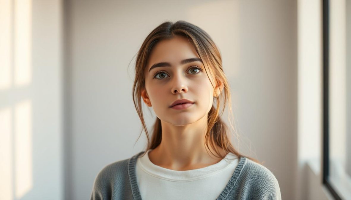 A serene, thoughtful portrait of a young woman immersed in emotional intelligence in the year 2025. Shot on a Sony A7R IV with a 70mm lens, this hyper-candid image is sharply defined and clearly focused, with a polarizer filter adding depth and richness. The woman stands in a softly lit, minimalist setting, her gaze introspective, her expression radiating a sense of self-awareness and inner calm. The overall mood is one of contemplation and personal growth, reflecting the evolving understanding of emotional intelligence in the modern world.