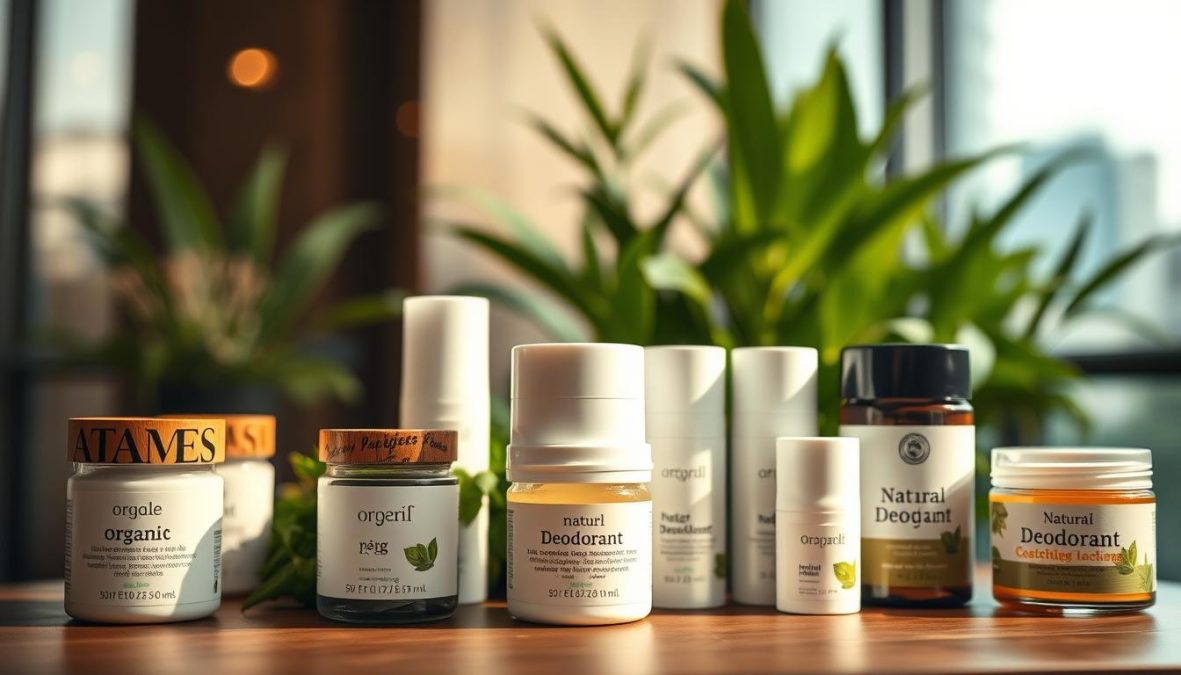 A sleek, minimalist display showcases an array of natural deodorant products, their organic ingredients and eco-friendly packaging shining under the warm, soft lighting. The scene exudes a sense of purity, wellness, and a forward-looking vision for sustainable personal care in 2025. The foreground features the deodorant jars in various natural hues, their simple yet elegant designs drawing the eye. The middle ground introduces lush greenery, hinting at the natural origins of the ingredients. The background subtly suggests an urban, modern setting, reflecting the progressive, future-focused tone. The overall composition conveys a harmonious blend of nature and technology, inviting the viewer to explore these innovative, health-conscious alternatives to traditional deodorants.