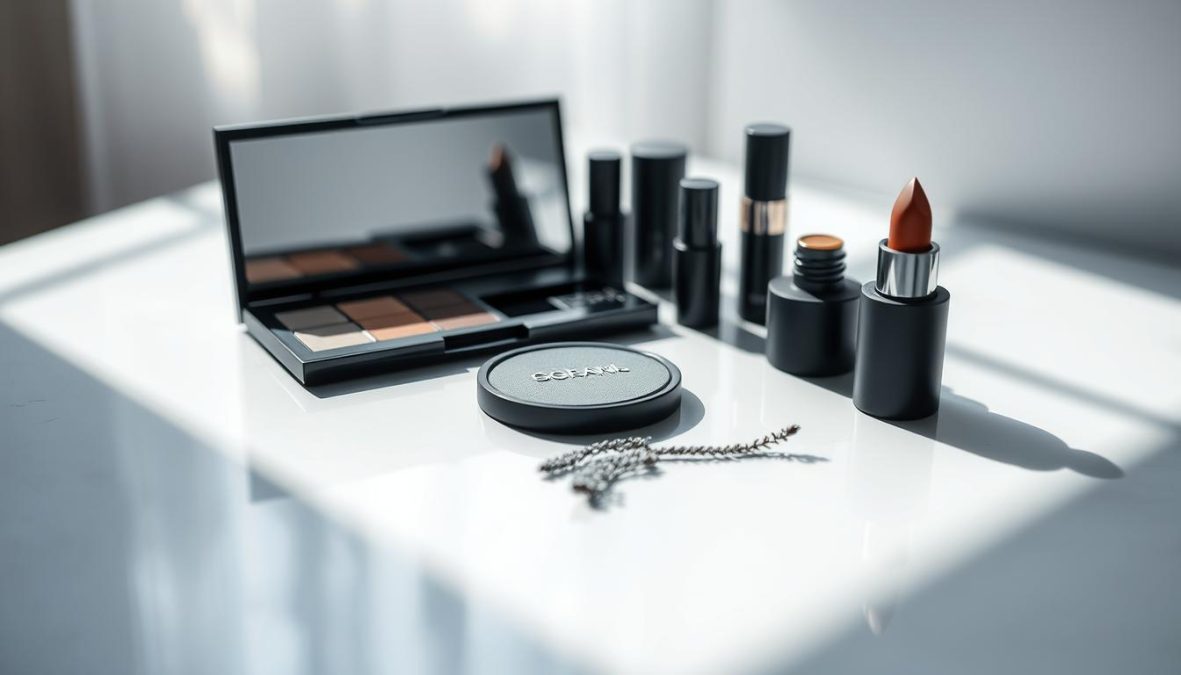 A sleek, minimalist makeup palette in shades of charcoal, ash, and slate sits atop a reflective surface, casting soft shadows. Subtle textures and a matte finish evoke the essence of the monochrome cosmetic trend for 2025. The lighting is soft and directional, accentuating the angular, architectural lines of the products. The camera captures the scene with a shallow depth of field, maintaining focus on the central arrangement while blurring the background into a hazy, ethereal ambiance. This image exudes a sense of elegance, simplicity, and a forward-thinking approach to modern makeup aesthetics.