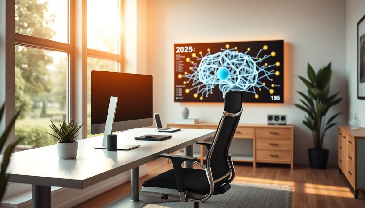 A sleek, modern home office in 2025, filled with natural light streaming through large windows. A sophisticated desk and ergonomic chair take center stage, with a minimalist computer setup and a Zen-inspired succulent on the side. In the background, a large display shows a visualization of neurological pathways, representing the science behind effective morning routines. The room is bathed in a warm, energizing glow, creating an atmosphere of focus and productivity. Crisp, high-resolution details capture the cutting-edge technology and design of this futuristic workspace.