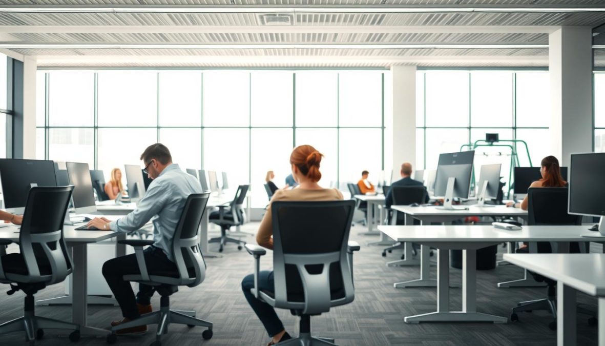 A spacious modern office setting in 2025, with ergonomic desks and chairs arranged in a grid pattern. The lighting is bright and even, with large windows allowing natural light to pour in. In the foreground, a sedentary worker sits hunched over a computer, their posture deteriorating due to prolonged inactivity. The middle ground reveals other employees in a similar state, their bodies stiff and disengaged. In the background, a glimpse of exercise equipment and activity zones, hinting at the missed opportunities for movement and wellness. The scene conveys a sense of the health risks posed by the static, sedentary nature of contemporary office work, urging a need for more active and dynamic workspaces.