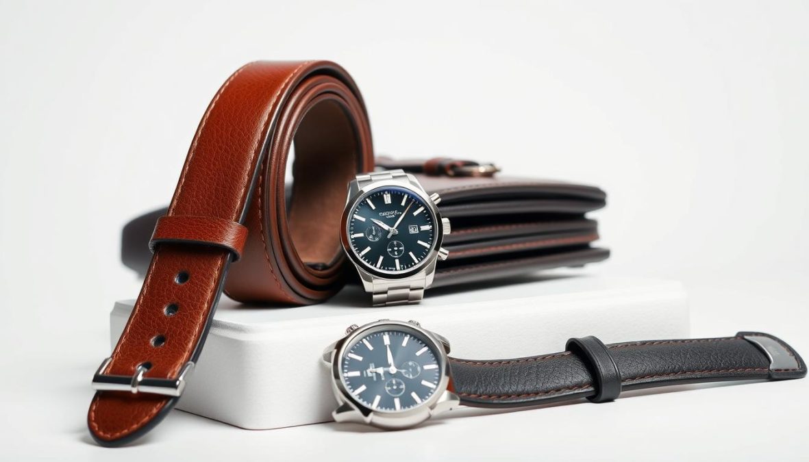 A stylish arrangement of masculine fashion accessories, including a premium leather belt, a sleek stainless steel watch, and a sophisticated briefcase or messenger bag. The items are thoughtfully positioned against a clean, minimalist background, allowing the high-quality craftsmanship and refined aesthetics to take center stage. The lighting is soft and diffused, creating a sense of luxury and elegance. The overall mood is one of confident, understated style - a reflection of the modern, discerning man who values quality over quantity when it comes to his sartorial choices. A stylish arrangement of masculine fashion accessories, including a premium leather belt, a sleek stainless steel watch, and a sophisticated briefcase or messenger bag. The items are thoughtfully positioned against a clean, minimalist background, allowing the high-quality craftsmanship and refined aesthetics to take center stage. The lighting is soft and diffused, creating a sense of luxury and elegance. The overall mood is one of confident, understated style - a reflection of the modern, discerning man who values quality over quantity when it comes to his sartorial choices.