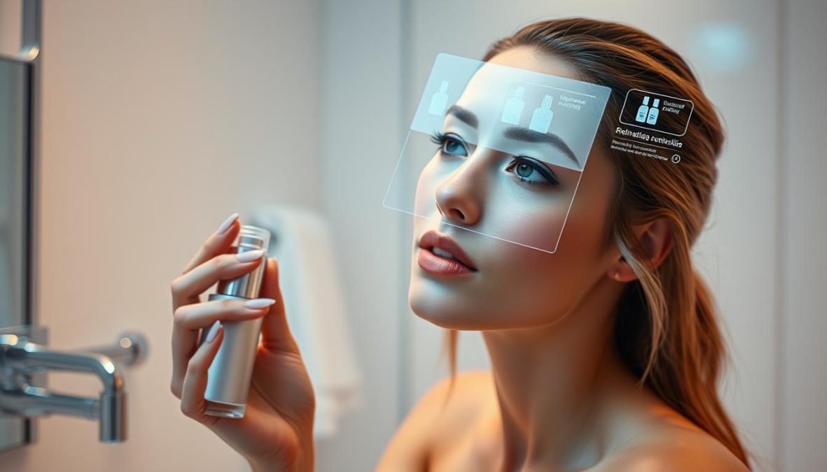 A stylish woman applying futuristic skincare products in a minimalist, high-tech bathroom. Soft, indirect lighting accentuates her youthful, radiant complexion. Gleaming chrome fixtures and sleek, white surfaces create a modern, almost surgical ambiance. A holographic display projects customized beauty data, offering real-time analysis and personalized product recommendations. The woman's expression is focused, yet serene, as she effortlessly navigates the advanced, time-saving routine of 2025. Shot on Sony A7R IV 70mm, clearly focused, sharply defined, polarizer filter, Hyper-candid, 8K.