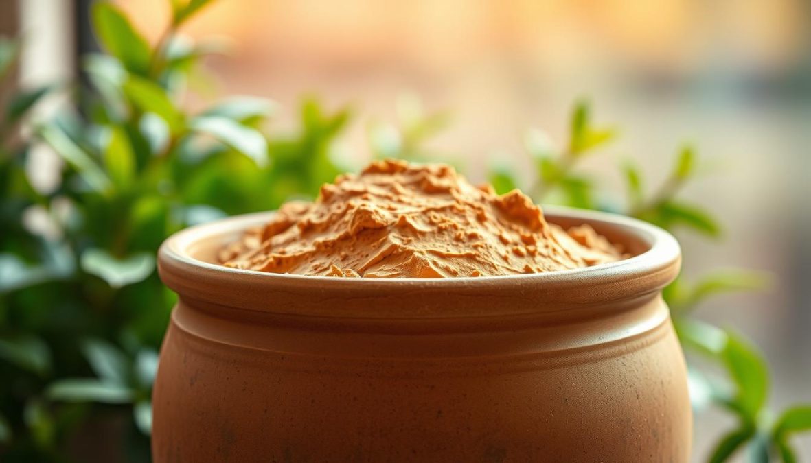 A traditional German earthenware pot filled with rich, golden-brown Heilerde clay, its earthy texture and natural color tones capturing the essence of this ancient healing substance. The pot is set against a backdrop of lush greenery, hinting at the verdant landscapes where this mineral-rich clay is sourced. Warm, diffused lighting illuminates the scene, creating a serene, meditative atmosphere that evokes the long history and traditional applications of Heilerde in health and beauty practices.