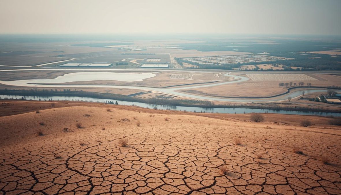 A vast aerial view of the German landscape in the year 2025, showcasing the impact of climate change on the country's water situation. In the foreground, a parched, cracked earth contrasts with sparse, wilting vegetation. The middle ground reveals dwindling reservoirs and depleted river beds, while the distant horizon is hazy with the effects of drought. The image is captured with a Sony A7R IV 70mm lens, utilizing a polarizer filter to enhance the clarity and definition of the scene. The overall mood is one of environmental concern and the pressing need for water conservation measures, as highlighted in the article's section title, "The Water Situation in Germany 2025".