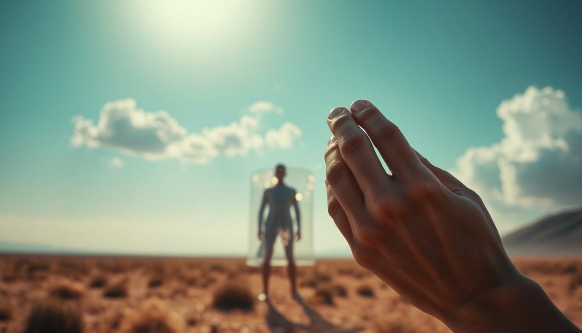 A vast, sun-drenched landscape in the year 2025, where UV radiation has intensified, casting an ominous glow. In the foreground, a close-up of a human hand applying a protective skin cream, the texture of the skin and product clearly visible. In the middle ground, a figure stands, their body partially obscured by a shimmering, transparent shield, representing the need for advanced skin protection. The background features a panoramic view of a changing climate, with dramatic cloud formations and a hint of environmental distress. Shot on Sony A7R IV 70mm, clearly focused, sharply defined, polarizer filter, Hyper-candid, 8K.