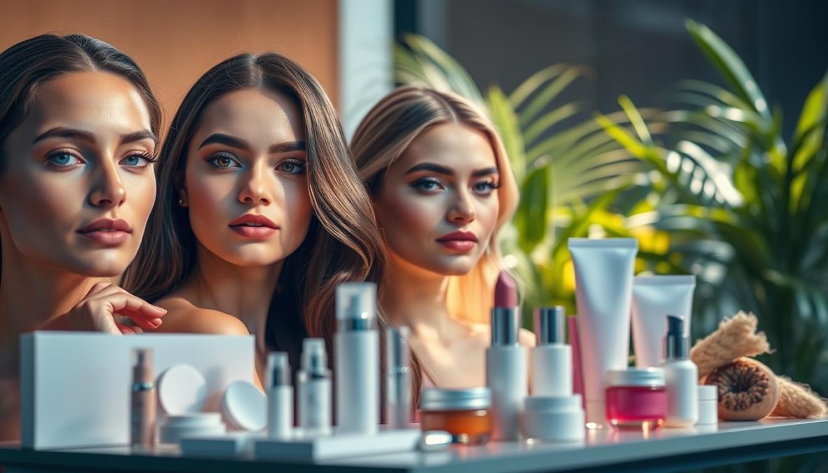 A vibrant and captivating vision of the vegan beauty landscape in 2025. Radiant models adorned with natural, cruelty-free makeup that enhances their features, basking in soft, diffused lighting. Sleek, minimalist packaging and products arranged artfully in the foreground, conveying the elegance and sophistication of the vegan beauty industry. In the background, a serene, nature-inspired setting with lush greenery and earthy tones, reflecting the sustainable and eco-friendly ethos of this emerging trend. Captured with a polarizer filter and Sony A7R IV 70mm lens, the image exudes a hyper-candid, sharply defined aesthetic, offering a glimpse into the captivating world of vegan makeup in the years to come.