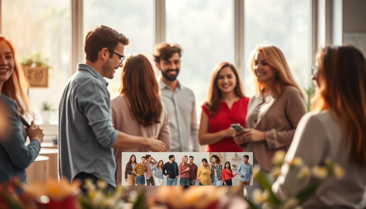 A vibrant and harmonious scene depicting the evolving landscape of modern relationships in the year 2025. In the foreground, a diverse group of individuals, each embracing their unique partnership dynamics, gathers together in a shared communal space. Soft natural lighting filters through large windows, creating a warm and welcoming atmosphere. In the middle ground, a series of smaller vignettes showcases the nuanced expressions of various relationship models, from traditional to non-traditional, all coexisting with a sense of mutual understanding and acceptance. The background subtly hints at the technological advancements and societal shifts that have shaped this new era of interpersonal connections, creating a sense of progress and optimism. Polarized and sharply defined, this hyper-candid image captures the zeitgeist of "Partnerschaft ohne Stress - Harmonisch zusammenleben" in the year 2025.