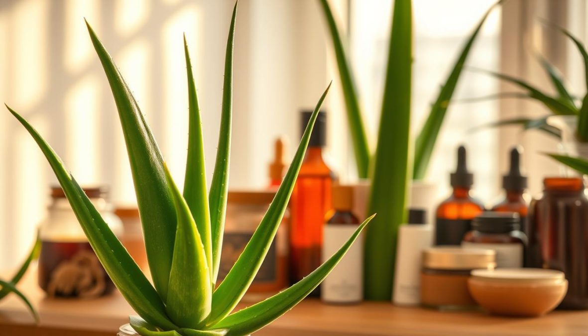 A vibrant and lush aloe vera plant stands in the foreground, its thick, fleshy leaves glistening in the warm, natural lighting. Surrounding the plant, an assortment of traditional aloe vera skincare products are artfully arranged, including jars, bottles, and tubes in earthy tones. The middle ground features a serene, minimalist background, with soft, diffused light filtering through a window, casting a gentle glow on the scene. The overall composition conveys a sense of timeless, natural beauty, blending the ancient traditions of aloe vera with modern, high-quality skincare. The image captures the essence of the "Kosmetik mit Aloe Vera - Natürliche Hautpflege" article, highlighting the enduring appeal and versatility of this remarkable plant.
