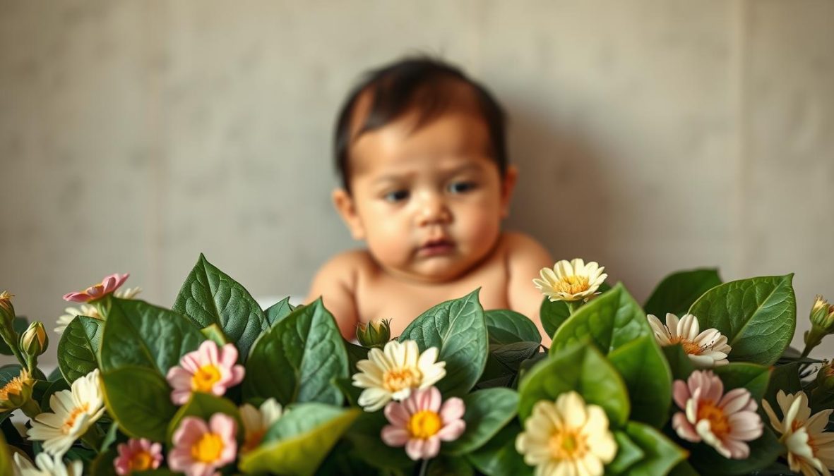 A vibrant and visually captivating overview of the top baby name trends for 2025. In the foreground, a lush botanical arrangement of the most popular names, each elegantly displayed on individual leaves, exuding a sense of natural beauty and growth. The middle ground features a warm, soft-focus portrait of a newborn baby, symbolizing the essence of these emerging name choices. In the background, a muted, textured wall provides a sophisticated, gallery-like setting, allowing the central elements to take center stage. Captured with a high-resolution Sony A7R IV camera, the image is sharply defined with a polarizer filter, creating a hyper-candid, 8K-quality depiction of the 2025 naming landscape.