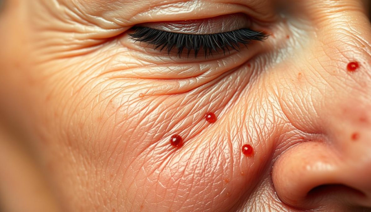 A vibrant close-up of the skin's surface in 2025, showcasing the intricate process of skin aging. Smooth epidermis gives way to fine lines and wrinkles, as elastin fibers degrade and collagen production slows. Hyperpigmentation and age spots dot the complexion, a result of increased melanin formation. The scene is sharply defined, captured with a polarized lens at 70mm on a high-resolution Sony A7R IV. Hyper-candid lighting accentuates the textural details, creating an 8K, vivid representation of the science behind natural skin aging in the year 2025.