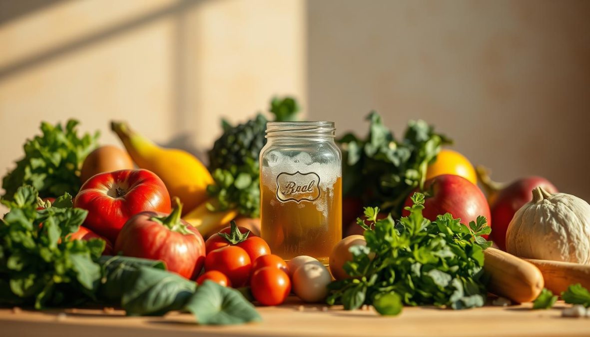 A vibrant, detailed still life showcasing the core principles of Basenfasten in 2025. In the foreground, a selection of fresh, wholesome ingredients - crisp vegetables, ripe fruits, and lush greens - artfully arranged against a soft, earthy backdrop. Lighting is warm and natural, casting gentle shadows that accentuate the textures and colors. In the middle ground, a sleek, minimalist glass jar filled with an effervescent, alkaline-rich tonic, its contents bubbling gently. The background is a serene, zen-like space, featuring clean lines and a neutral palette that allows the vibrant produce to take center stage. The overall composition conveys a sense of balance, purity, and the holistic approach to wellness embodied by the Basenfasten lifestyle.