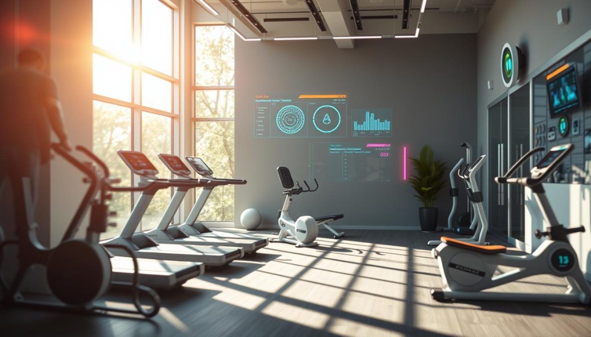 A vibrant, futuristic home gym setting in 2025, featuring a diverse array of efficient, high-tech workout equipment. Sleek, minimalist design with clean lines and a muted color palette of greys, whites, and pops of neon accents. Holographic displays showcase real-time fitness metrics and training programs. Sunlight streams in through large windows, casting a warm glow on the space. Cutting-edge wearables and AI-powered assistants guide the user through quick, effective routines tailored to their needs. An inspiring vision of the fitness revolution to come, capturing the efficiency and convenience of the future of home workouts.