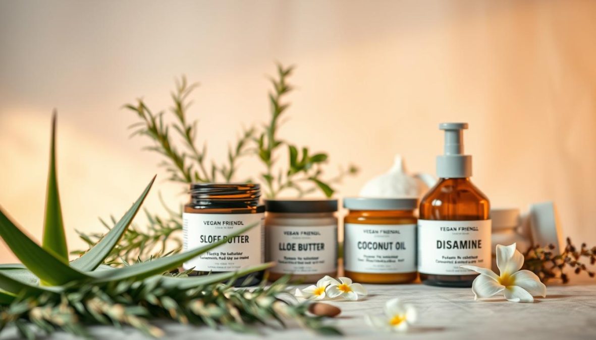 A vibrant still life capturing the essence of vegan cosmetic ingredients. In the foreground, an assortment of natural botanicals - organic aloe vera leaves, verdant rosemary sprigs, and aromatic jasmine flowers - artfully arranged against a soft, diffused background. The middle ground features a selection of vegan-friendly cosmetic jars, their labels prominently displaying key plant-based components like shea butter, coconut oil, and vitamin E. Warm, golden lighting casts a serene, naturalistic glow, highlighting the purity and simplicity of these ethically-sourced ingredients. Captured with a Sony A7R IV 70mm lens, the image is sharply defined and hyper-candid, conveying a sense of authenticity and transparency about the true nature of vegan cosmetics.