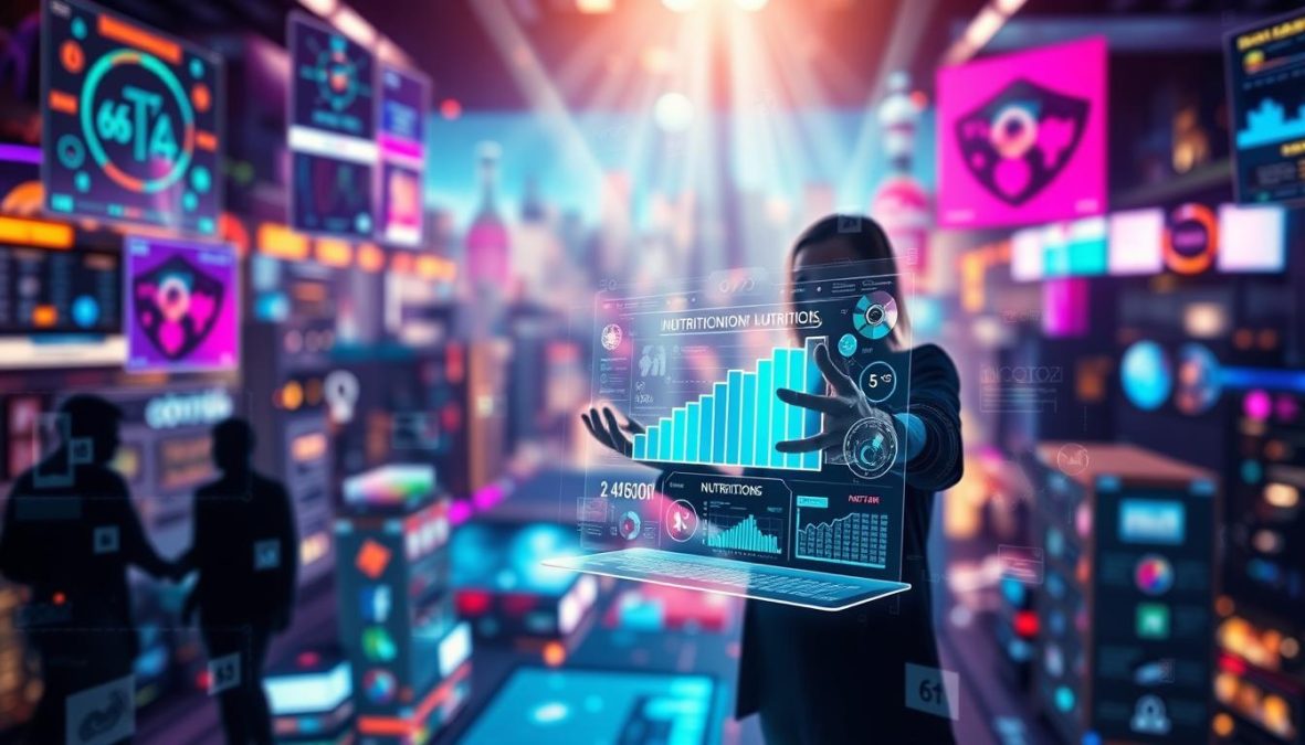 A vibrant, visually striking image depicting the digital nutrition trends of 2025. A chaotic swirl of holographic displays, interactive interfaces, and data visualization elements fill the frame, creating a sense of technological immersion. In the foreground, a central figure gestures towards a dynamic, three-dimensional infographic, highlighting the overwhelming volume of nutrition-related information and misinformation prevalent in the modern world. The background features a blurred, out-of-focus cityscape, representing the broader context of the digital age. Lighting is dramatic, with rays of light cutting through the scene, adding depth and emphasizing the technical, futuristic atmosphere. The overall mood is one of both excitement and apprehension, reflecting the complexities and challenges of navigating the flood of nutrition-related data and myths.