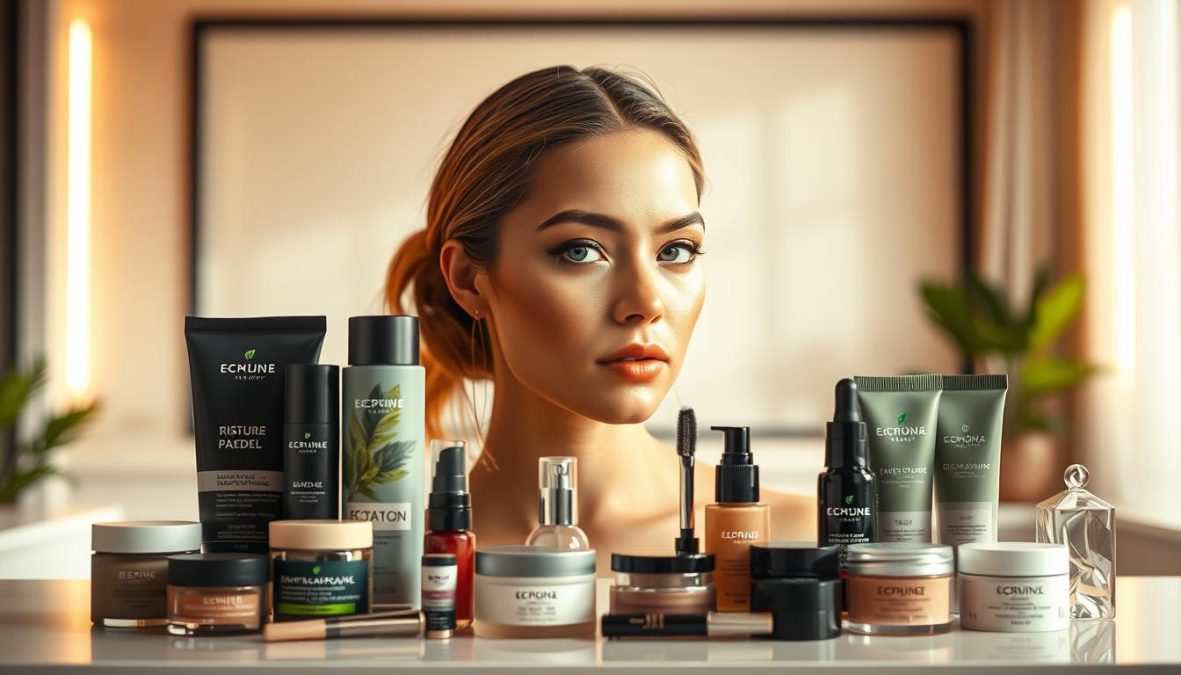 A visually captivating scene showcasing the sustainable make-up trends of 2025. In the foreground, a diverse array of eco-friendly cosmetic products are neatly arranged, their packaging reflecting the latest design innovations. The middle ground features a model with flawless, radiant skin, highlighting the natural, long-lasting make-up applications. In the background, a serene, minimalist setting with warm, soft lighting creates a calming, high-end ambiance. The overall composition conveys a sense of luxury, modernity, and environmental consciousness, capturing the essence of the emerging make-up landscape. Shot on Sony A7R IV 70mm, clearly focused, sharply defined, polarizer filter, Hyper-candid, 8K.