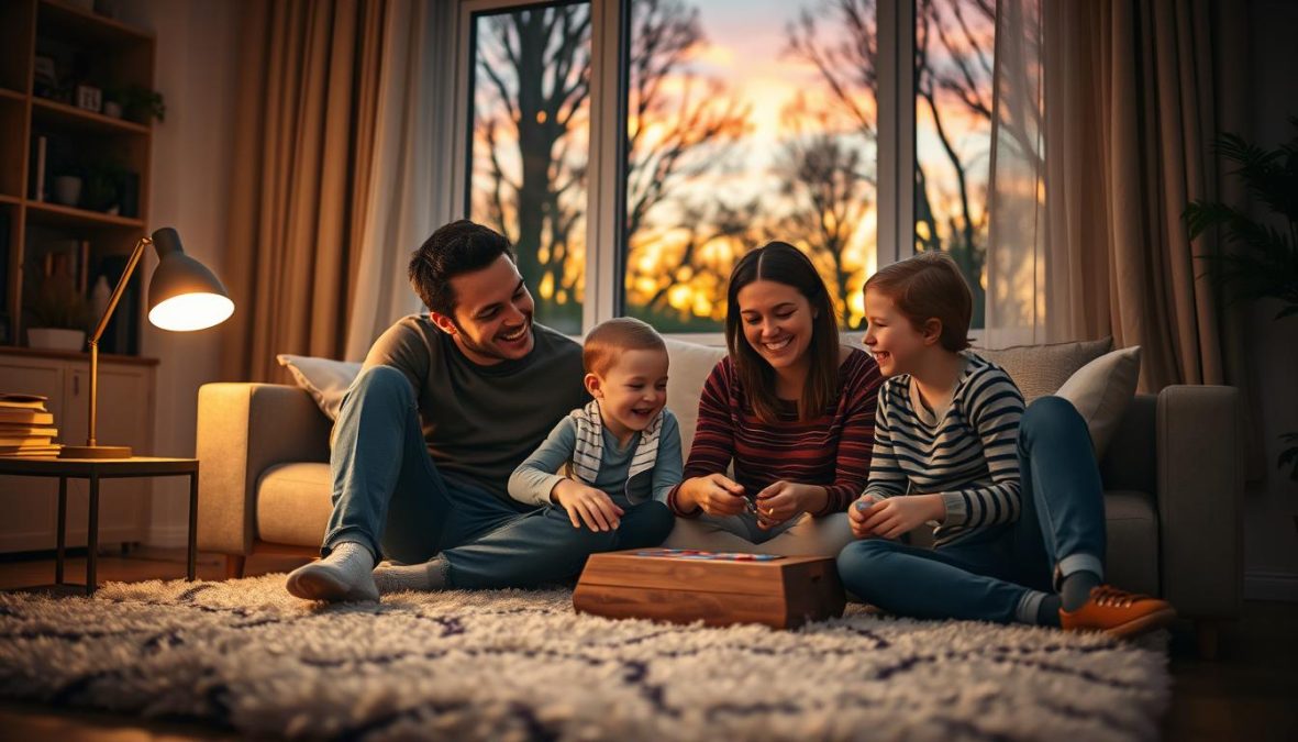 A warm, close-knit family enjoying quality time together in their cozy living room. Two parents, one boy and one girl, laughing and playing a board game on a plush area rug. Soft, golden lighting from a tabletop lamp bathes the scene in a comforting glow. Through a window in the background, the silhouettes of trees can be seen against a vibrant sunset sky. An atmosphere of togetherness, laughter and cherished moments radiates from the image.
