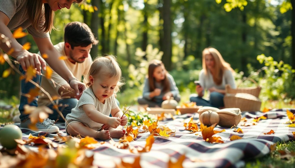 A warm, sun-dappled scene of a family engaged in sustainable outdoor activities. In the foreground, a young child playfully gathers fallen leaves and twigs, while parents tenderly guide them. In the middle ground, the family picnics on a plaid blanket, sharing a healthy, homemade meal. Behind them, a lush, verdant forest backdrop frames the moment, with dappled sunlight filtering through the canopy. The mood is one of togetherness, wonder, and a deep appreciation for the natural world. Shot on Sony A7R IV 70mm, clearly focused, sharply defined, polarizer filter, Hyper-candid, 8K.