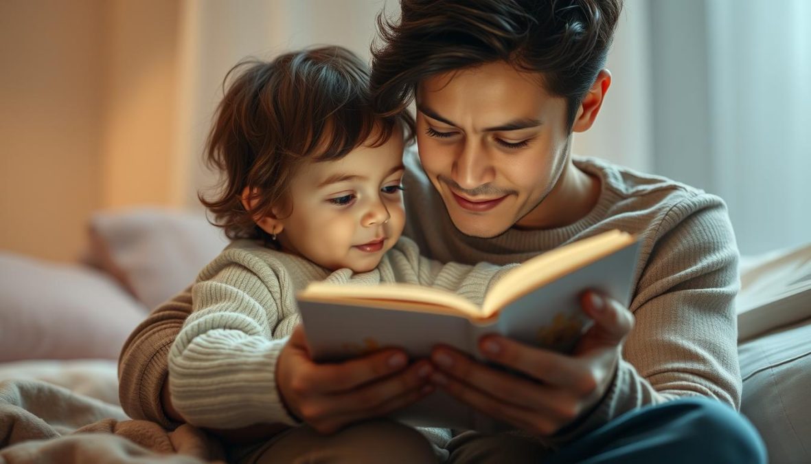 A warm, tender scene depicting the intimate bond between a young child and their loving parent. The child sits on the parent's lap, enveloped in a cozy embrace as they engage in a simple, yet meaningful ritual - reading a bedtime story together. Soft, diffused lighting bathes the scene, creating a sense of security and comfort. The parent's expression is one of gentle guidance and affection, while the child's face is alight with wonder and attentiveness. Textures of fabric, skin, and hair are richly detailed, conveying the tactile experience of this precious moment. The background is blurred, keeping the focus on the central figures and the profound intimacy of their shared ritual, a testament to the importance of family traditions in a child's healthy development.