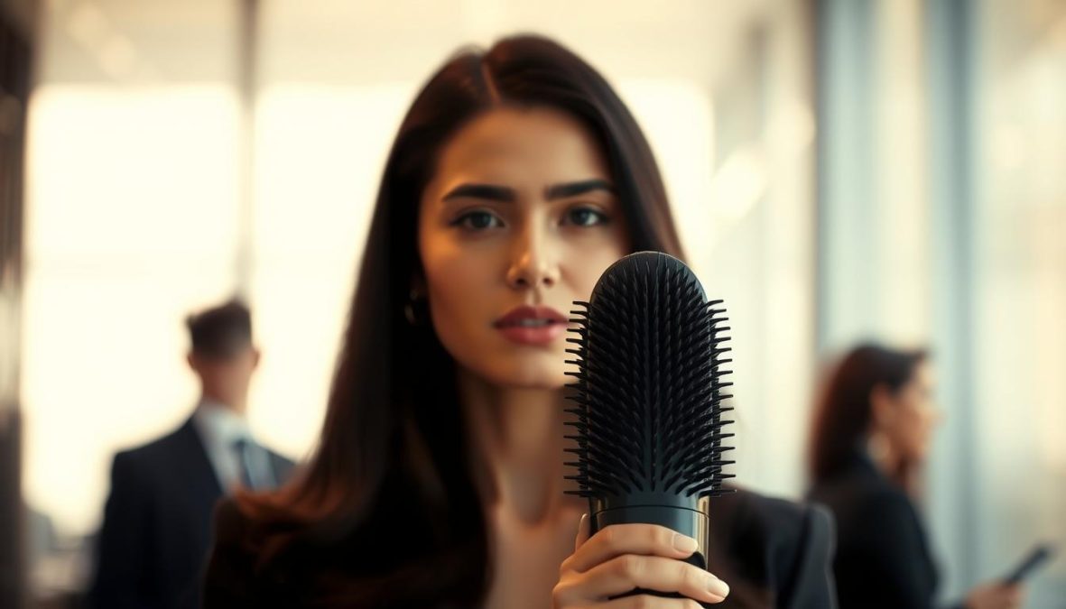 A well-coiffed figure stands against a softly blurred background, showcasing the intricate details of a high-quality hairbrush. The brush's bristles, meticulously sculpted, appear to capture the light, hinting at its effectiveness in sculpting and smoothing various hair types. The figure's expression conveys a sense of confidence and control, suggesting the profound impact the right hairbrush can have on one's overall appearance and self-assurance. The scene is captured with a cinematic flair, utilizing a shallow depth of field and warm, natural lighting to draw the viewer's attention to the central subject. The result is a visually striking and informative image that powerfully conveys the significance of selecting the appropriate hairbrush for one's unique hair characteristics.