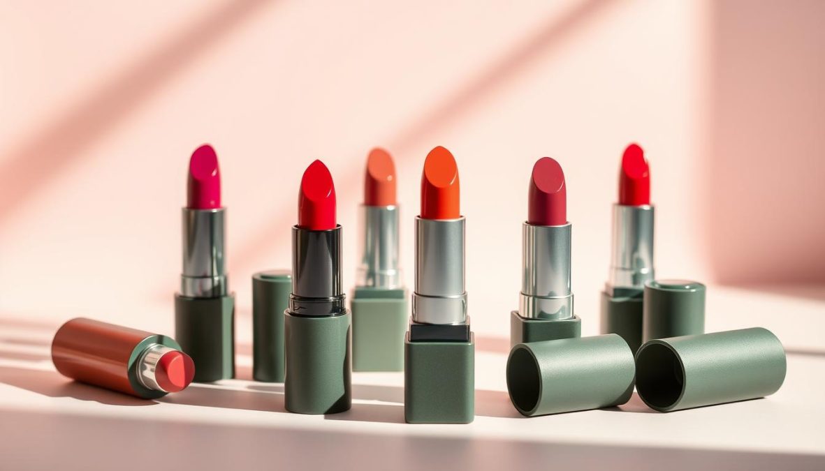 An alluring display of vegan lipsticks in sustainable packaging, capturing the essence of 2025's beauty trends. Vibrant and diverse hues are showcased on a sleek, minimalist backdrop, accentuated by soft, directional lighting that casts gentle shadows, creating a sense of depth and dimension. The lipstick cases feature innovative, eco-friendly materials that reflect the growing demand for environmentally conscious cosmetics. The composition is carefully balanced, drawing the viewer's eye to the captivating shades and the thoughtful design of the packaging. This image embodies the spirit of statement-making lips in the coming year, inspiring a sense of modern sophistication and responsible consumerism.