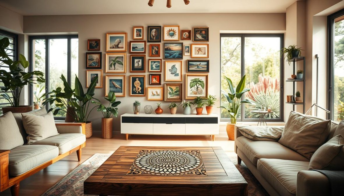 An elegant modern living room bathed in warm natural light, featuring an array of upcycled furnishings and decor. In the foreground, a repurposed wooden coffee table displays an intricate mosaic pattern, complemented by plush, sustainably-sourced seating. The middle ground showcases a stunning wall display composed of refurbished picture frames, each showcasing a unique piece of upcycled art. Abundant potted plants and a sleek, minimalist shelving unit add touches of greenery and clean, modern design. The background reveals large windows overlooking a lush, vibrant garden, blending the indoor and outdoor spaces seamlessly. The overall atmosphere exudes a sense of harmony, creativity, and a forward-thinking embrace of sustainable living.