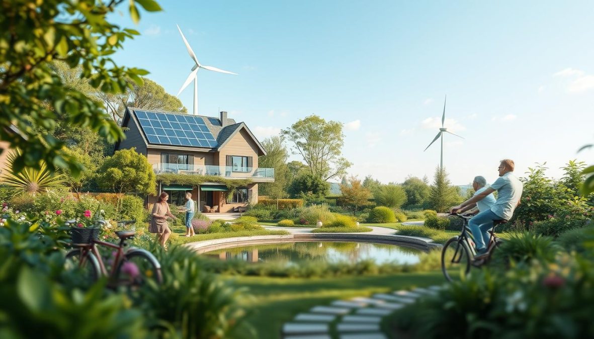 An idyllic scene of a sustainable 2025 future: a serene garden oasis with lush, verdant foliage, thriving with diverse flora and fauna. In the foreground, a modern, energy-efficient smart home blends seamlessly with its natural surroundings, its solar panels and wind turbine harnessing renewable power. Winding pathways lead to a central pond, its surface reflecting the clear blue sky above. Residents engage in eco-friendly activities like tending to an organic vegetable patch and cycling on sleek, electric bicycles. The atmosphere is one of tranquility and harmony, a vision of a greener, more sustainable way of living.