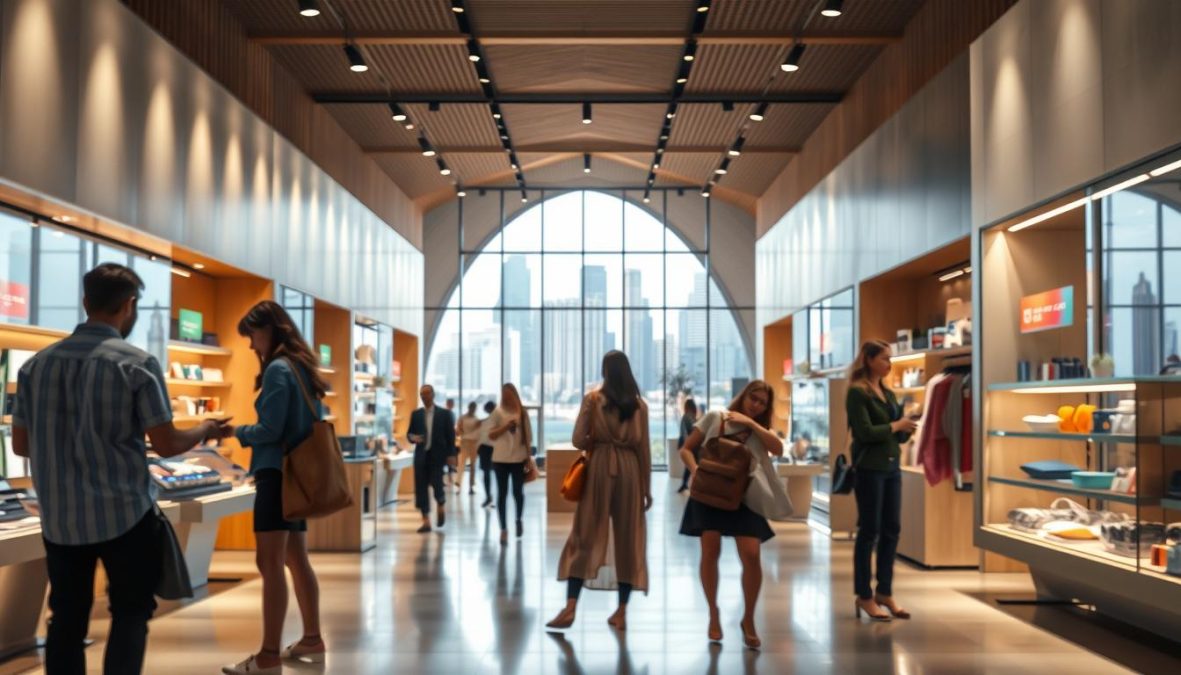An immersive scene of the transformed consumer landscape in 2025, featuring a modern, experience-driven retail environment. In the foreground, shoppers engage with interactive product displays and personalized shopping assistants, seamlessly blending digital and physical experiences. The middle ground showcases a visually striking architectural design, with clean lines, natural materials, and abundant natural light, creating a sense of openness and tranquility. In the background, a vibrant urban skyline hints at the broader societal shift towards more conscious and sustainable consumption patterns. Shot on Sony A7R IV 70mm, clearly focused, sharply defined, polarizer filter, Hyper-candid, 8K.