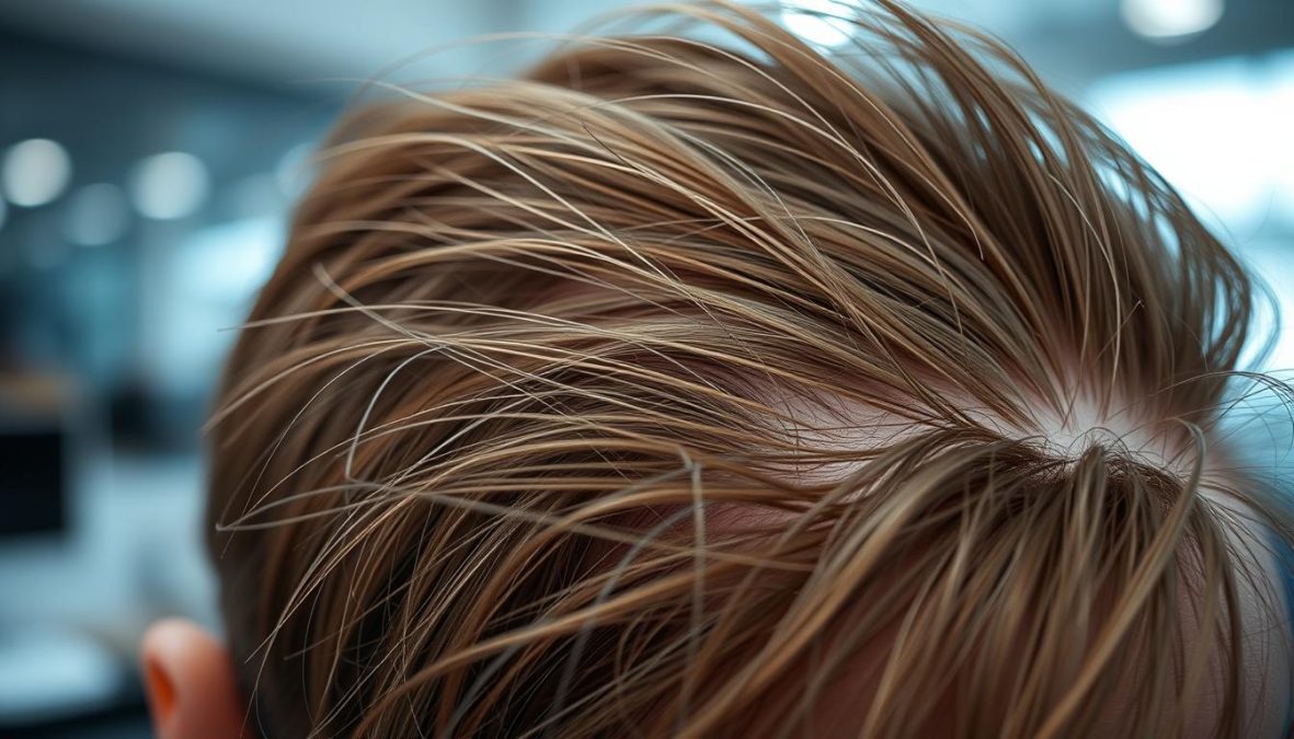 An intricate pattern of genetically-determined hair loss, captured in vivid detail. Strands of hair, thinning and receding, create a captivating visual tapestry. Shot on a Sony A7R IV with a 70mm lens, the image is sharply focused and defined, with a polarizer filter adding depth and richness. The Hyper-candid approach lends an authentic, documentary-style feel, while the 8K resolution ensures exceptional clarity and quality. This striking visual representation of a common hair loss condition will serve as a compelling illustration for the article's section on the leading causes of hair loss in the year 2025.