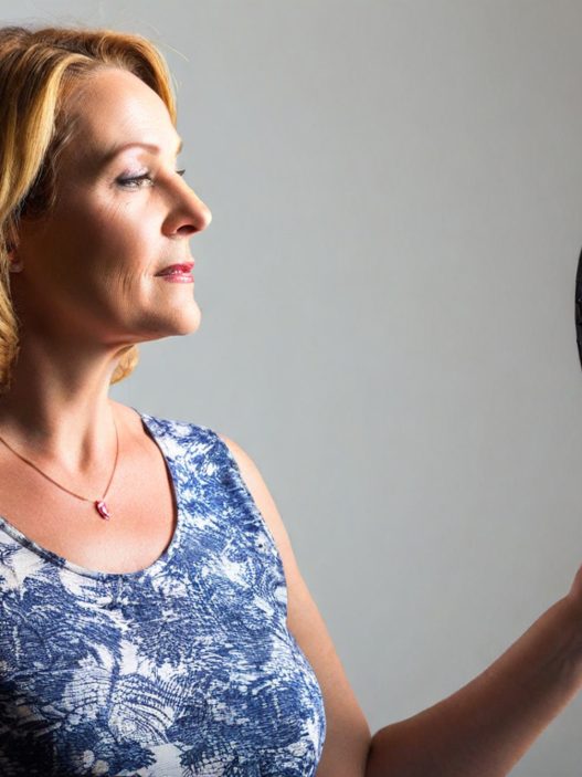 Frau mit Hitzewallungen vor einem Ventilator