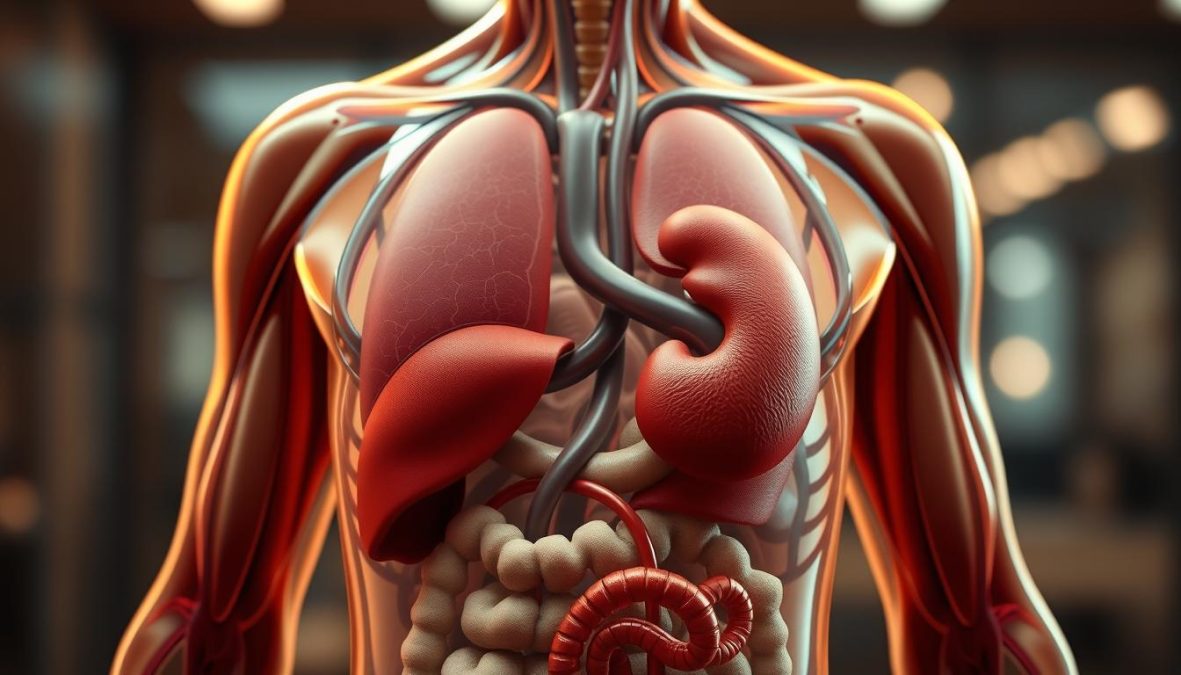 Detailed anatomical illustration of metabolic processes in the human body. Crisp, high-resolution rendering showcasing the intricate systems responsible for energy production, nutrient absorption, and waste management. Prominent features include the digestive tract, liver, kidneys, and circulatory network, all depicted with technical precision. Emphasis on the complex interplay between organs, glands, and biochemical pathways that comprise the human metabolism. Warm, neutral tones convey the organic nature of these vital physiological functions. Shot on Sony A7R IV 70mm, clearly focused, sharply defined, polarizer filter, Hyper-candid, 8K.