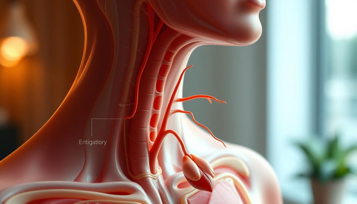 Detailed anatomical illustration of the human endocrine system, showcasing the various hormone-producing glands and their functions. Crisp, high-resolution rendering with precise details of the pituitary, thyroid, adrenal, and reproductive glands. Soft, natural lighting illuminates the intricate structures, highlighting the delicate balance of hormones that regulate bodily processes. Hyper-candid, polarized shot on a Sony A7R IV with a 70mm lens, resulting in a sharply defined, 8K-quality image that captures the complexity and importance of the human hormonal system.