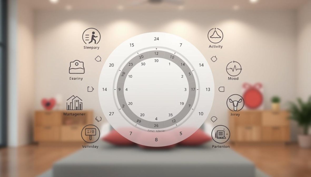 Detailed digital illustration of a modern health tracking calendar, known as a "Zykluskalender". Prominently displayed in the center is a circular calendar interface with days, weeks, and months clearly delineated. Surrounding the calendar are various icons and infographic elements representing different health metrics such as sleep, activity, menstrual cycle, and mood. The overall design is clean, minimalist, and user-friendly, reflecting the calendar's purpose as a powerful tool for personal health and wellness management. Soft, muted colors create a calming, professional atmosphere. The scene is captured with a high-quality camera lens, showcasing the intricate details and elegant aesthetic of this innovative self-tracking solution.