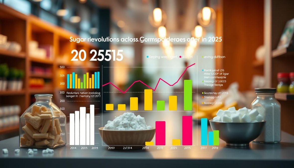Detailed statistical visualization showcasing the dramatic decline in sugar consumption across Germany in 2025. A vibrant, data-driven infographic depicting the nation's 'sugar revolution' through bold, color-coded charts and graphs. Sleek, minimalist design with clean typography allows the numbers to speak for themselves, highlighting the societal shift towards healthier lifestyles. Shot on Sony A7R IV 70mm, clearly focused, sharply defined, polarizer filter, Hyper-candid, 8K.