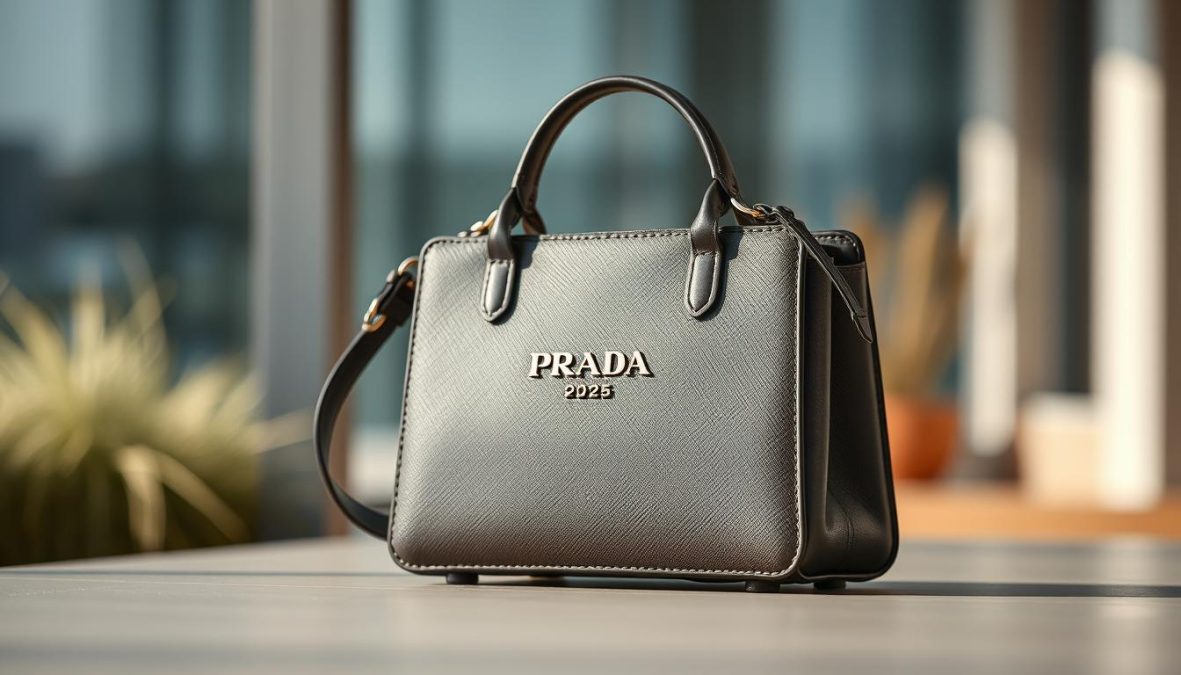 Elegant Prada handbag, a chic and compact accessory from the 2025 collection. Subtle leather texture, polished hardware, and a minimalist silhouette exude sophisticated luxury. Captured in a natural setting with soft, diffused lighting, the handbag's curves and contours are beautifully accentuated. Hyper-candid, sharply defined image showcases the handbag's refined design and attention to detail. Polarizer filter enhances depth and clarity, while the 8K resolution provides stunning clarity. A harmonious blend of form and function, this compact Prada handbag embodies the essence of modern, luxury style.