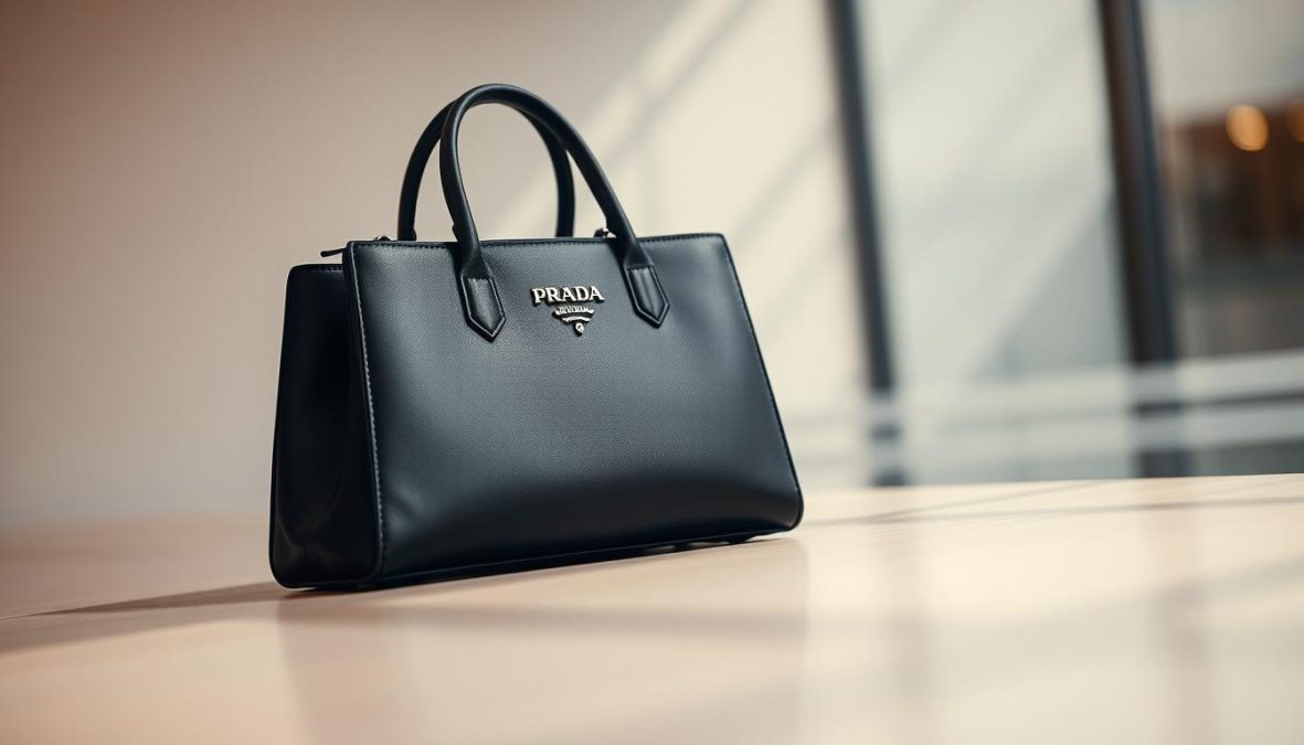 Elegant black Prada handbag, part of the 2025 collection. Sleek, minimalist design with a touch of refined sophistication. Lustrous, full-grain leather in a deep, onyx hue, meticulously crafted with precision stitching. Subtle Prada emblem adorns the front panel, a discreet yet instantly recognizable accent. Captured in a hyper-candid, sharply defined 8K shot, the handbag is the focal point, surrounded by a softly blurred, neutral background that allows it to command attention. Warm, directional lighting casts subtle shadows, accentuating the bag's sculptural form and luxurious texture. A polarizer filter enhances depth and clarity, creating an image of timeless elegance that embodies the essence of the 2025 Prada handbag collection.