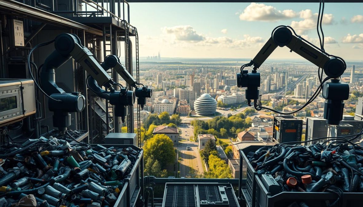 Intricate, highly detailed vision of Kreislaufwirtschaft and Zero Waste concept in the year 2025. Foreground depicts a fully-automated recycling facility, with robotic arms efficiently sorting and processing a diverse array of materials. In the middle ground, a thriving urban landscape showcases eco-friendly architecture, lush greenery, and renewable energy sources. The background features a breathtaking panorama of a sustainable, resource-efficient cityscape, where waste is minimized and the circular economy is the norm. Lighting is natural and warm, creating a sense of optimism and progress. Shot on Sony A7R IV 70mm, clearly focused, sharply defined, polarizer filter, Hyper-candid, 8K.