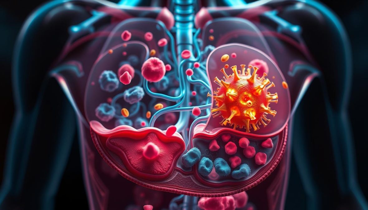 Mechanismus allergischer Reaktionen 2025: A detailed illustration of the intricate processes underlying allergic responses in the human body. A cross-section reveals the complex interplay between immune cells, inflammatory mediators, and the body's defensive mechanisms. Precise anatomical details, captured with a Sony A7R IV 70mm lens, highlight the delicate balance that can be disrupted by allergic triggers. Vibrant colors and a polarizer filter lend a hyper-candid, sharply defined aesthetic, inviting the viewer to explore the dynamic nature of this biological phenomenon in the year 2025.
