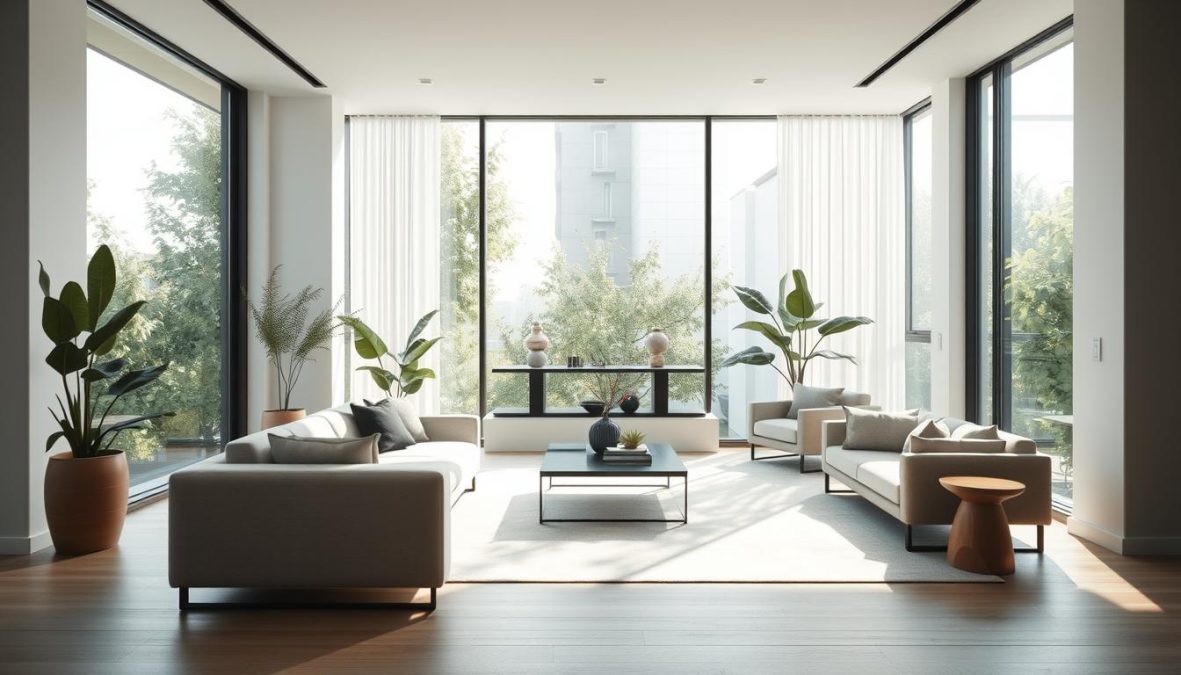 Minimalist living in 2025: a tranquil urban sanctuary, filled with natural light and clean lines. A modern, open-concept home showcases elegant furnishings in muted tones, with large windows framing lush greenery outside. Subtle textures and organic materials create a sense of warmth, while advanced smart home technologies seamlessly integrate functionality. The atmosphere is one of calm, thoughtful simplicity - a retreat from the bustling city, where every element serves a purpose. Shot on Sony A7R IV 70mm, clearly focused, sharply defined, polarizer filter, Hyper-candid, 8K.