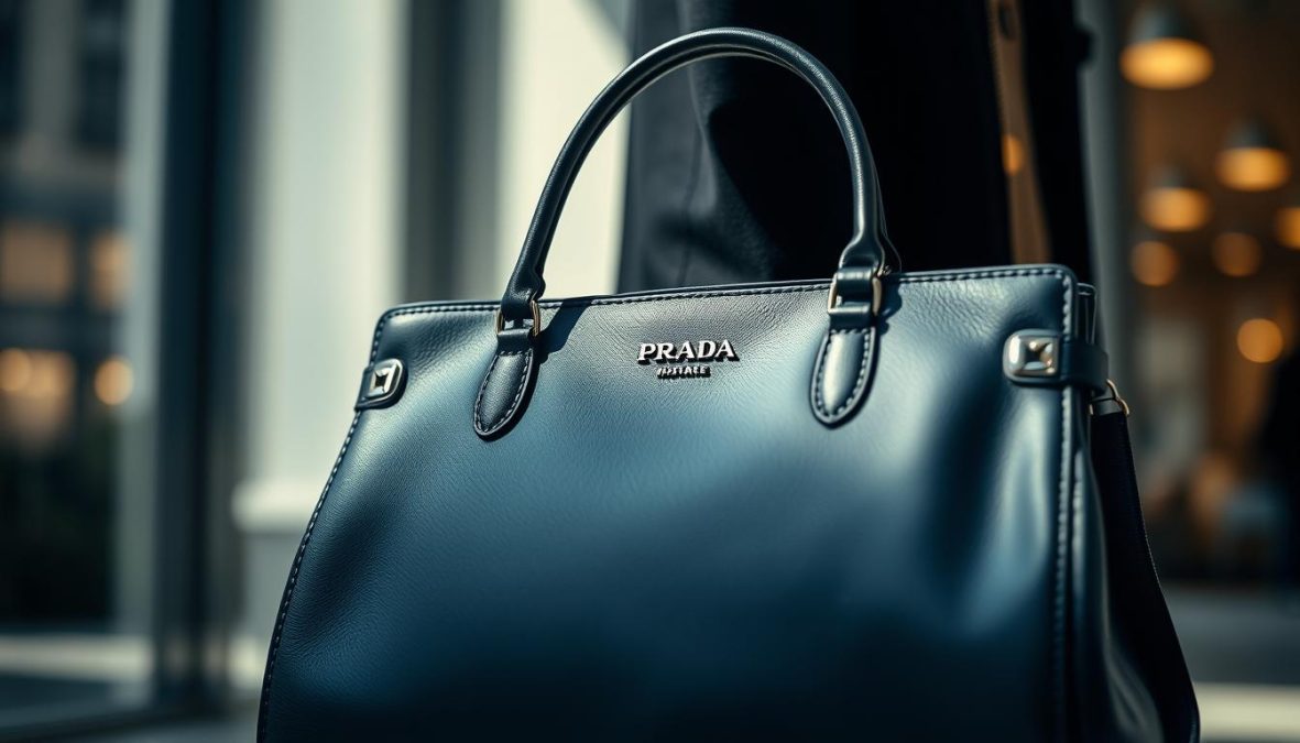 Prada Galleria handtasche, a timeless accessory from the iconic Italian fashion house, captured in the 2025 collection. A polished leather exterior, soft and supple, reflecting the expert craftsmanship. Striking hardware in gleaming metal accentuates the clean, minimalist design. Captured in natural light, the bag's elegant silhouette is highlighted, the polarizer filter lending a cinematic quality. Shot on a Sony A7R IV at 70mm, the image is sharp, focused, and hyper-candid, inviting the viewer to appreciate the refined details and luxurious appeal of this coveted Prada creation.