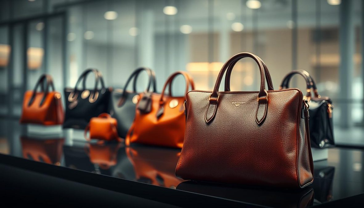 Prada Handtasche Evolution bis 2025: A high-fashion timeline showcasing the refined elegance of Prada's iconic handbag designs. In the foreground, a meticulously crafted Prada satchel in rich leather, its timeless silhouette accentuated by precise stitching and subtle hardware. The middle ground reveals a progression of Prada's timeless shapes, from classic totes to sleek crossbodies, each embodying the brand's enduring style. The background captures the evolving materials and finishes, from supple calfskin to lustrous patent, hinting at the innovative spirit that will shape Prada's handbag future by 2025. Captured with a Sony A7R IV 70mm lens, this image uses a polarizer filter to enhance the depth and clarity, showcasing the craftsmanship in hyper-candid 8K detail.