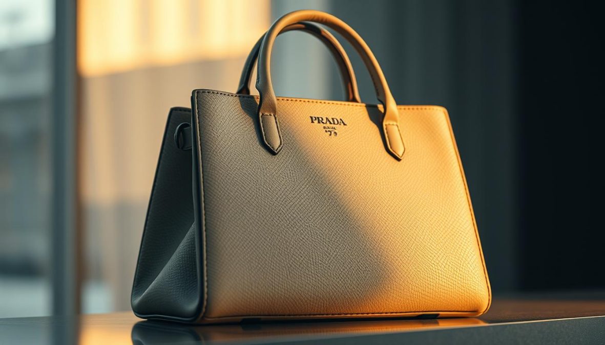 Prada Handtasche with innovative materials in 2025, a high-fashion, luxury leather handbag showcasing the brand's commitment to sustainability. Crafted with a sleek, minimalist design, the bag features a sophisticated blend of cutting-edge eco-friendly fabrics and advanced manufacturing techniques. Captured in a hyper-candid, polarized shot with a Sony A7R IV 70mm lens, the handbag's intricate textures and refined silhouette are sharply defined, creating a sense of elevated, high-end elegance. Warm, soft lighting illuminates the bag's innovative materials, hinting at Prada's vision for the future of luxury fashion.