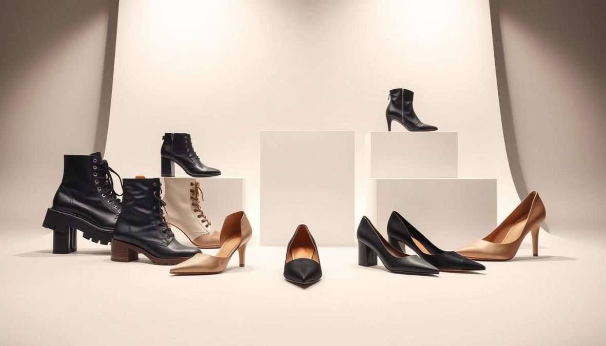 Shot on Sony A7R IV 70mm, a stunning visual of the latest shoe trends in a high-fashion editorial style. A polished, minimalist studio setting with dramatic lighting and a neutral, elegant color palette. In the foreground, a meticulously styled display of the season's must-have shoes - from chunky combat boots to satin heels, each expertly combined to showcase their versatility. The middle ground features a clean, uncluttered background, allowing the footwear to take center stage. Hyper-candid composition, sharply defined details, and a polarizer filter create a sense of high-end sophistication. The overall mood is one of aspirational style and fashion-forward inspiration. Shot on Sony A7R IV 70mm, a stunning visual of the latest shoe trends in a high-fashion editorial style. A polished, minimalist studio setting with dramatic lighting and a neutral, elegant color palette. In the foreground, a meticulously styled display of the season's must-have shoes - from chunky combat boots to satin heels, each expertly combined to showcase their versatility. The middle ground features a clean, uncluttered background, allowing the footwear to take center stage. Hyper-candid composition, sharply defined details, and a polarizer filter create a sense of high-end sophistication. The overall mood is one of aspirational style and fashion-forward inspiration.
