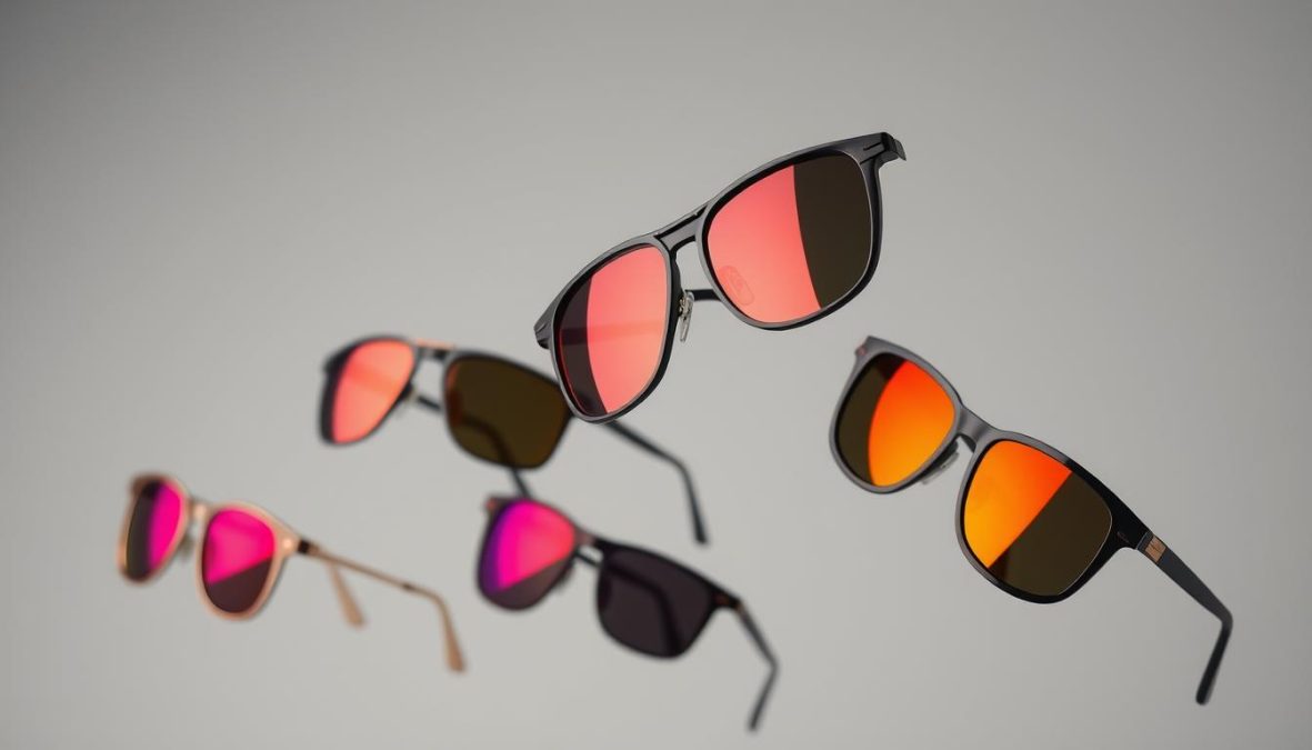 Stylish and sleek sunglasses in a variety of bold, contemporary frames float effortlessly against a minimalist grey backdrop. Glare-reducing polarized lenses reflect the vibrant light, casting a warm, golden glow across the frames. Sleek, metal temples and subtly curved brow bars demonstrate the latest trends in sunglasses design - lightweight, durable, and impeccably crafted. The sunglasses are shot from a low angle, creating a sense of elevated sophistication. Hyper-candid and sharply defined, this image showcases the must-have sunglasses styles that will dominate the market in 2025.