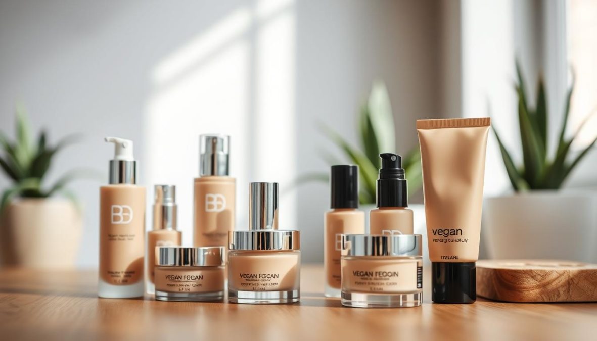 Vegan foundation and BB creams displayed on a wooden table, illuminated by natural light. Translucent bottles and jars in various skin-toned shades, arranged neatly with minimalist packaging design. Soft focus on the products, with a blurred background of potted plants and a neutral-colored wall. Captures the essence of natural, cruelty-free makeup for a clean, glowing complexion.