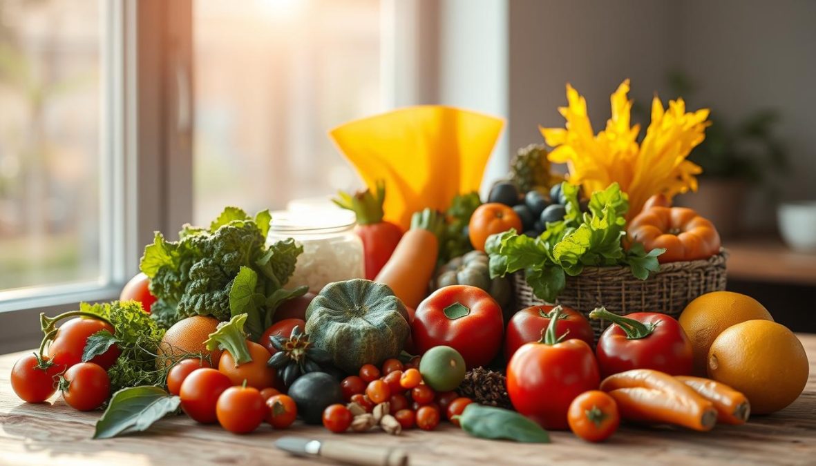 Vibrant organic produce arranged in a visually striking composition, showcasing the rich colors and textures of healthy, natural ingredients. Soft natural light filters through a large window, casting a warm glow over the scene. A minimalist wooden table provides a simple, rustic backdrop, emphasizing the purity and simplicity of the ingredients. The image exudes a sense of harmony, inviting the viewer to savor the pleasures of intuitive, mindful eating in the year 2025. Hyper-candid, sharply defined, with a polarizer filter to enhance the vibrancy of the scene.